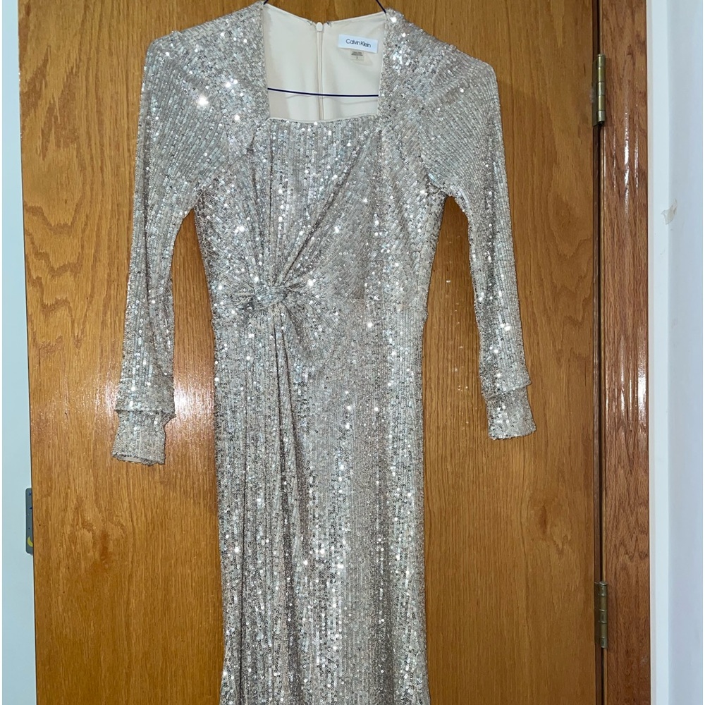 Calvin Klein Long Sleeve Ivory Sequence Dress